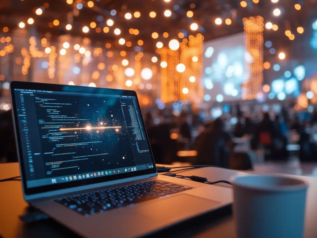 Laptop und orange farbene Lichter im Hintergrund von Orange Veranstaltungstechnik - Event-Technik leicht gemacht - Was gehört dazu?