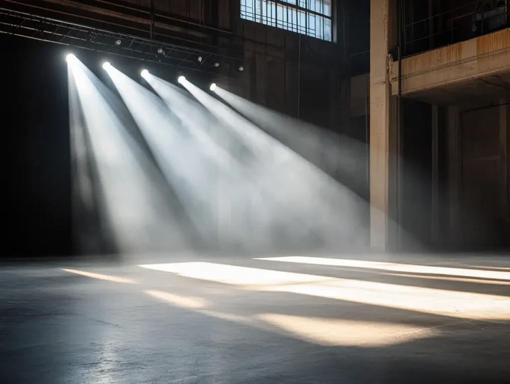 Von der Decke hängende Beleuchtung bzw. Spots, also drei Scheinwerfer mit hellem Licht in einem leeren Halle von Orange Veranstaltungstechnik - Event-Technik leicht gemacht - Was gehört dazu?