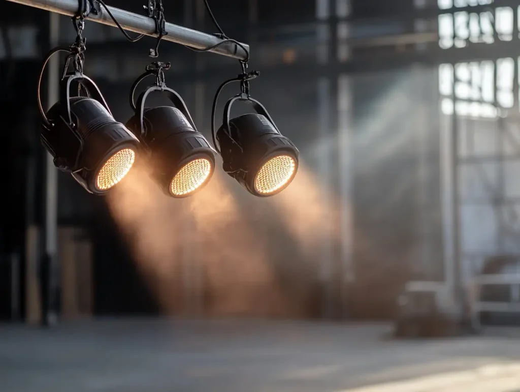 Von der Decke hängende Beleuchtung bzw. Spots, also drei Scheinwerfer mit orange farbene Licht in einem leeren Halle von Orange Veranstaltungstechnik - Event-Technik leicht gemacht - Was gehört dazu?