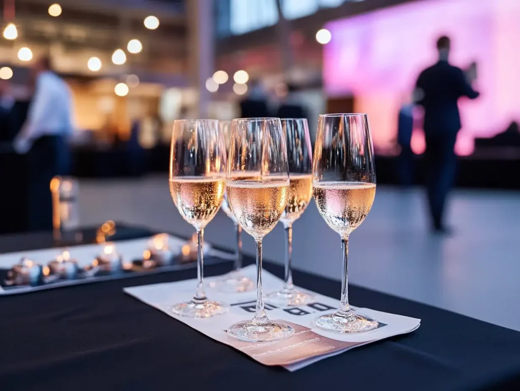 Vier Sektgläser auf einem Tisch in einer Veranstaltungshalle während eines Events und im Hintergrund sieht man Menschen sowie eine Leinwand und Belichtung von Orange Veranstaltungstechnik - Von Beamer bis Bühne: Technik-Komplettpakete und Preisbeispiele