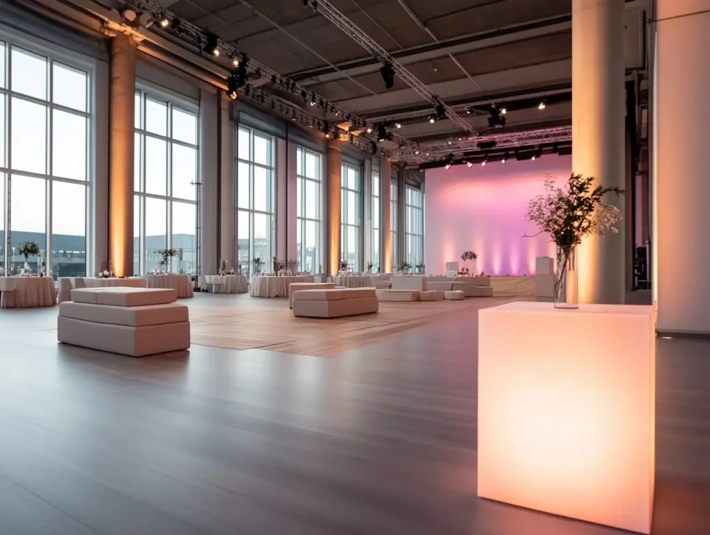 Beispielbild für Orange Veranstaltungstechnik Ratgeber: Von Beamer bis Bühne: Technik-Komplettpakete und Preisbeispiele, ein großer Event Raum mit vielen Sitzgelegenheiten und Tischen mit Blumen darauf und der ganze Raum ist angenehm orange beleuchtet und ganz vorne befindet sich eine pink beleuchtete Leindwand