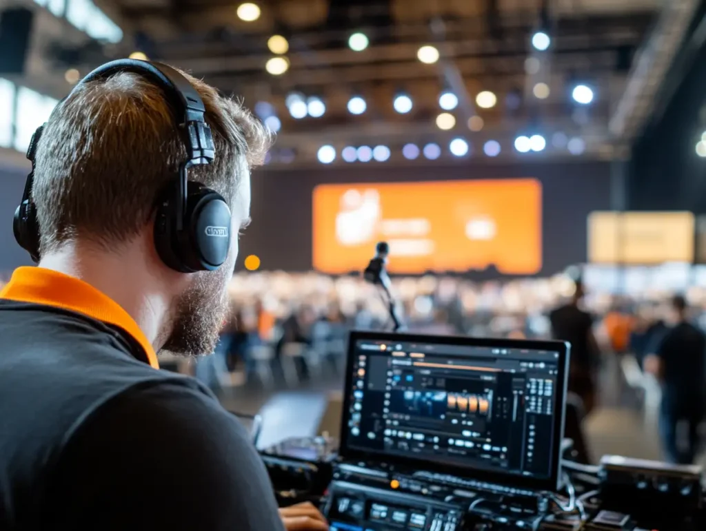 Beispielbild für Orange Veranstaltungstechnik Ratgeber: Von Beamer bis Bühne: Technik-Komplettpakete und Preisbeispiele, ein Mann mit schwarzen Kopfhörern sitzt mit schwarzen Polo und orangen Kragen vor seinem Laptop in einer Veranstaltungshalle vor einer Bühne mit einer orangen Leinwand und prüft die Technik