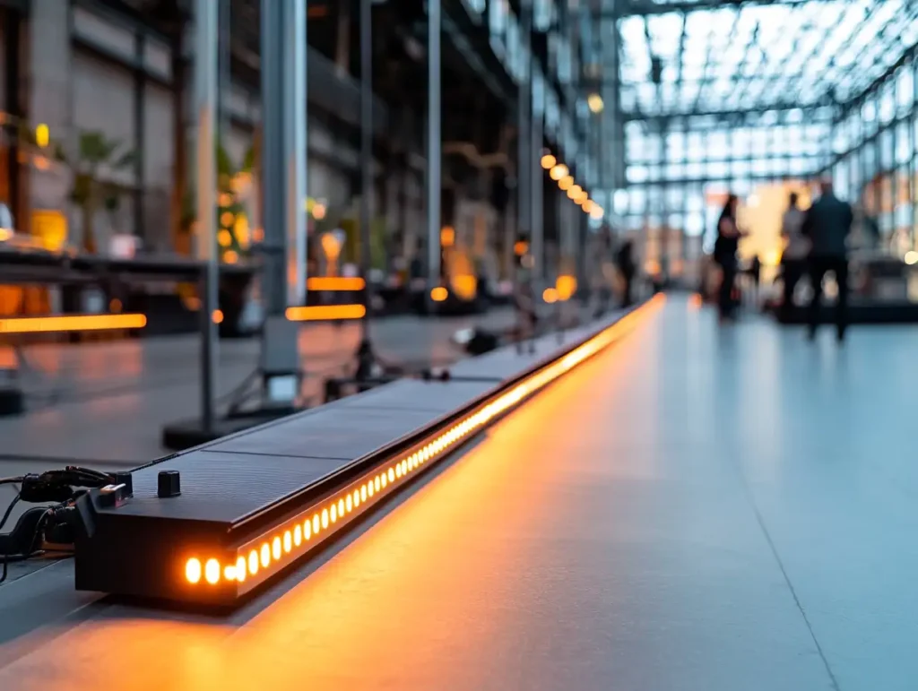Eine lange Reihe von Lichtern in einem großen Raum, die eine festliche Atmosphäre schaffen für Orange Veranstaltungstechnik - Moderne Veranstaltungstechnik: Effizienz und Innovation für Ihre Events