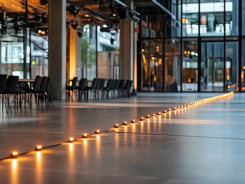 Eine lange Reihe von LEDs in einem großen Raum, die eine warme und einladende Atmosphäre schaffen für Orange Veranstaltungstechnik - Moderne Veranstaltungstechnik: Effizienz und Innovation für Ihre Events