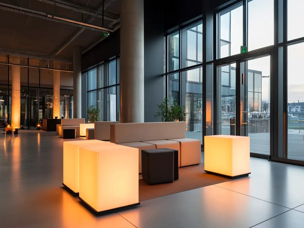 Ein großer Empfangsbereich mit mehreren Tischen und Stühlen für Orange Veranstaltungstechnik - Moderne Veranstaltungstechnik: Effizienz und Innovation für Ihre Events