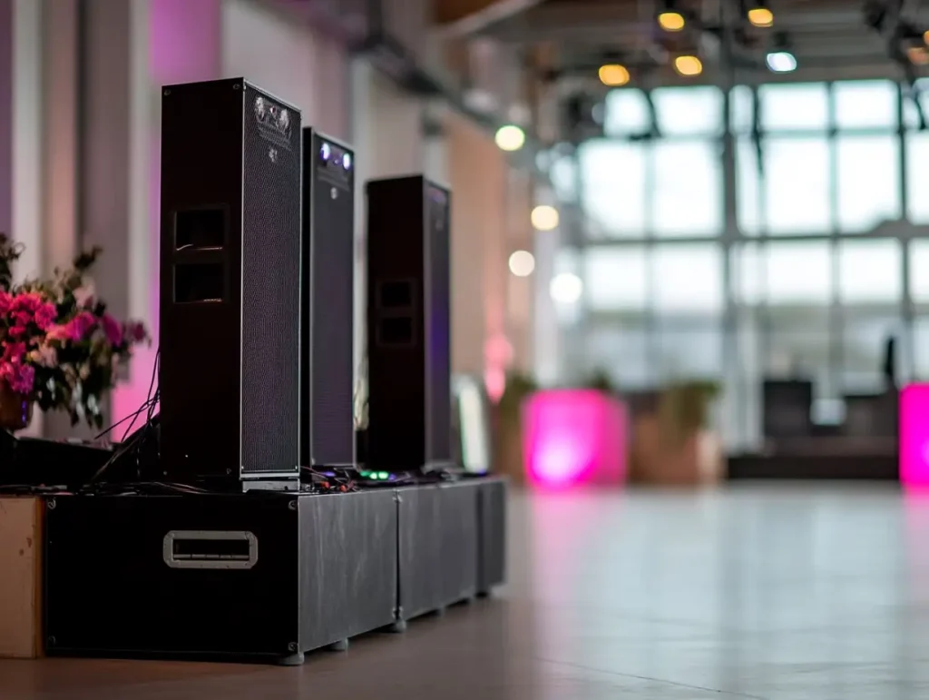 Partyequipment mieten: Für jede Feier das passende Equipment – Hochwertiges schwarzes Audio-Setup auf einem in moderner Eventlocation, geliefert von Orange Veranstaltungstechnik.