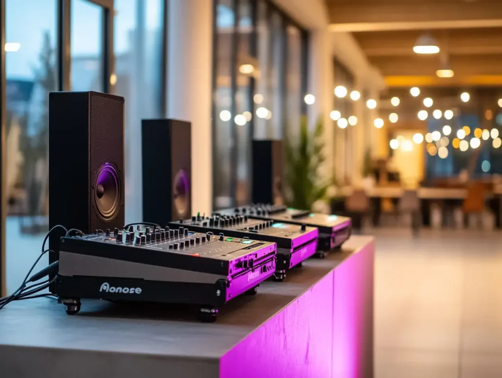 Partyequipment mieten: Für jede Feier das passende Equipment – Hochwertiges Audio- und DJ-Setup auf einem beleuchteten Tisch in moderner Eventlocation, geliefert von Orange Veranstaltungstechnik.