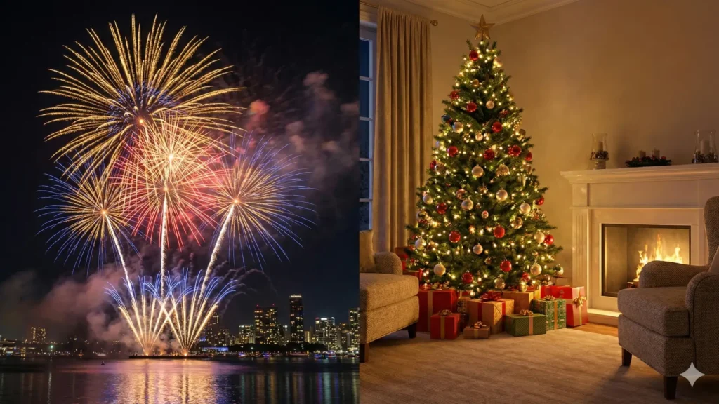 Silvesterfeuerwerk auf der linke Seite und rechts ein Weihnachtsbaum mit Geschenken