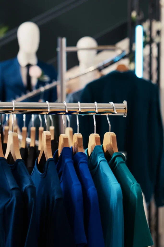 Blaue Herrenshirts auf Holzkleiderbügeln an einer Kleiderstange in einem modernen Modegeschäft